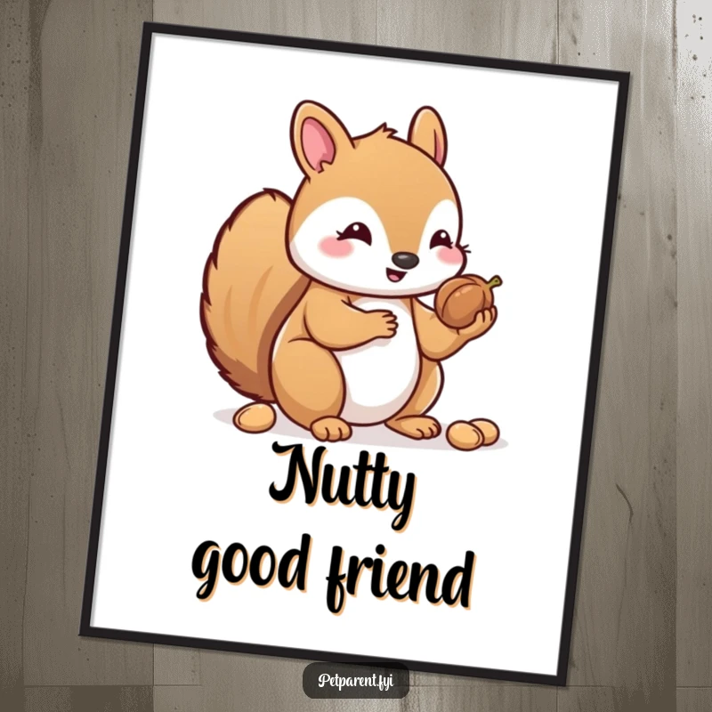 Funny Free Printable Kawaii Squirrel Wall Art: A cute kawaii squirrel generously shares its nuts.