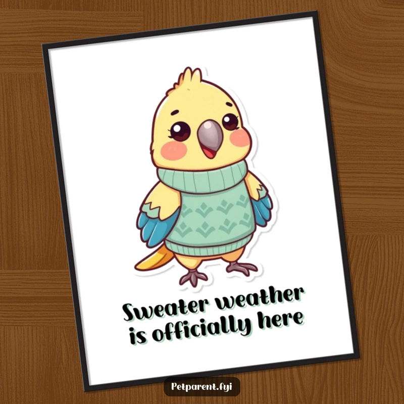 Funny Free Printable Parrot Wall Art showcasing a parrot in a fashionable sweater, adding humor and personality to any room.