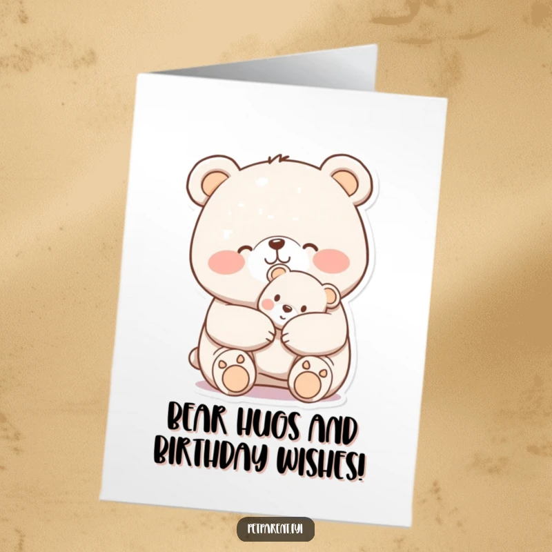 Funny Free Printable Birthday Card showing a cheerful bear nuzzling a tiny teddy bear, conveying warmth and birthday wishes.