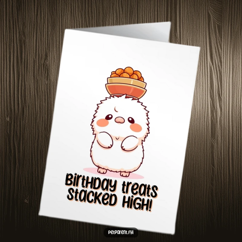 Funny Free Printable Birthday Card: Fluffy creature balancing multiple food bowls on its head, looking focused.