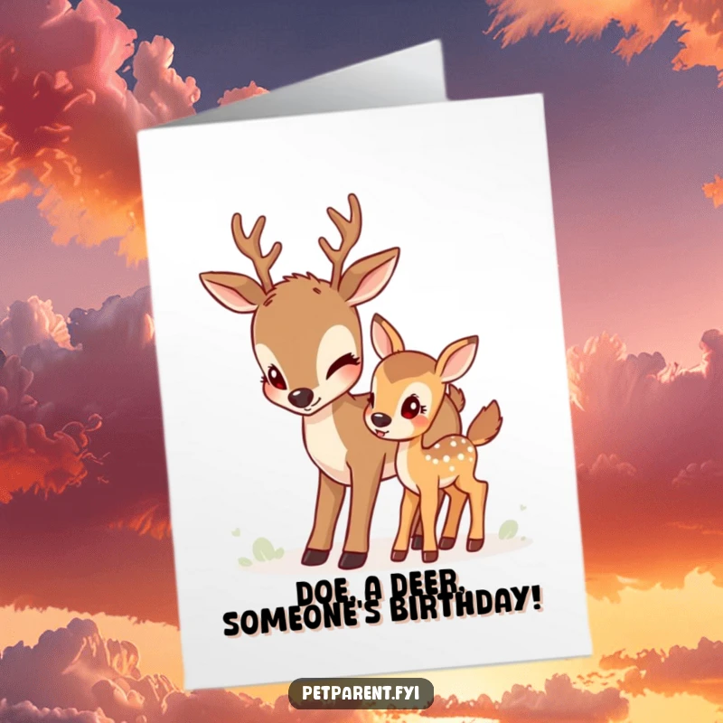 Funny Free Printable Deer Birthday Card, a mother deer nudges her fawn, wishing happy birthday on a new adventure.