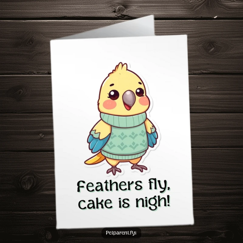 Funny Free Printable Parrot Birthday Card featuring a playful parrot in a tiny sweater, ready to wish someone a happy birthday with style.