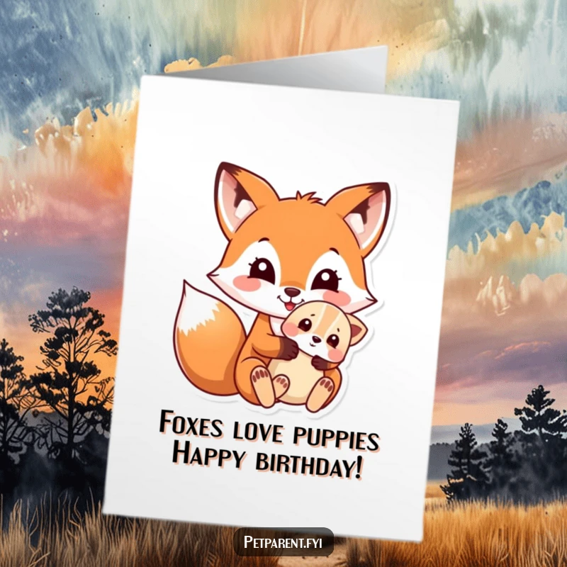 Funny Free Printable Birthday Card: Delighted fox gently cradling a cute puppy, spreading birthday joy. A heartwarming DIY gift.