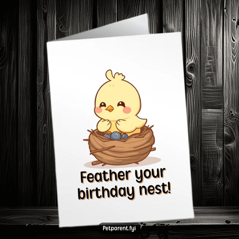 Funny Free Printable Birthday Card: Cheerful bird character building a cozy nest, happy birthday wishes, print at home.