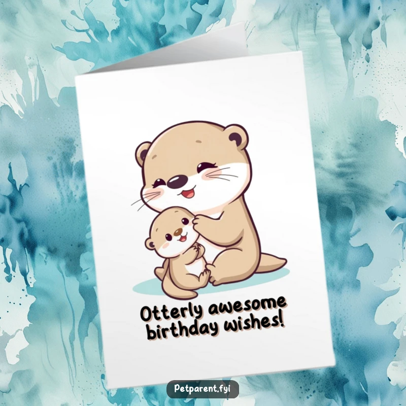 Funny Free Printable Birthday Card: Delighted otter gently plays with a shy baby otter, spreading joy and cuteness.