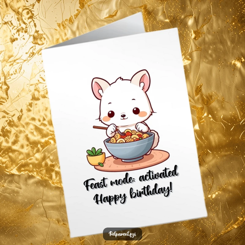 Funny free printable birthday card of a cute animal chef meticulously preparing a meal with a comical expression.