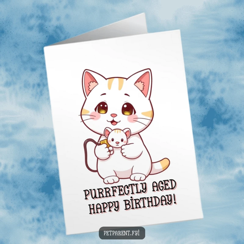 Funny free printable birthday card with a proud cat holding a tiny toy mouse, celebrating a successful hunt.