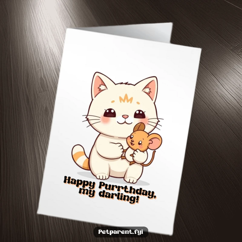 Funny Free Printable Birthday Card featuring a proud cat lovingly holding a small toy mouse, celebrating accomplishments.