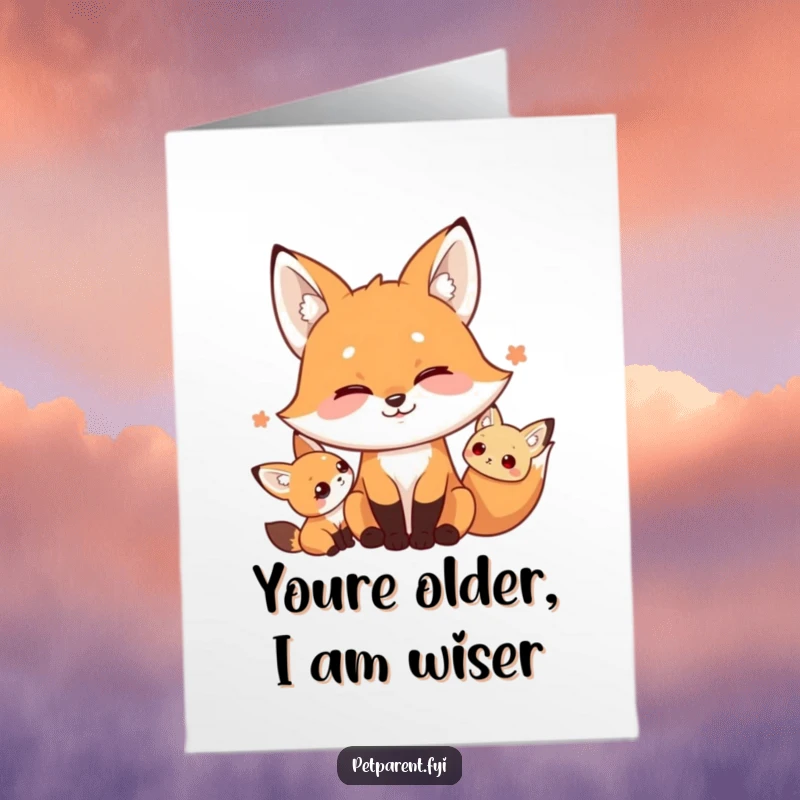 Funny free printable birthday card: A playful fox makes silly faces at a tiny friend, perfect for a gag gift.