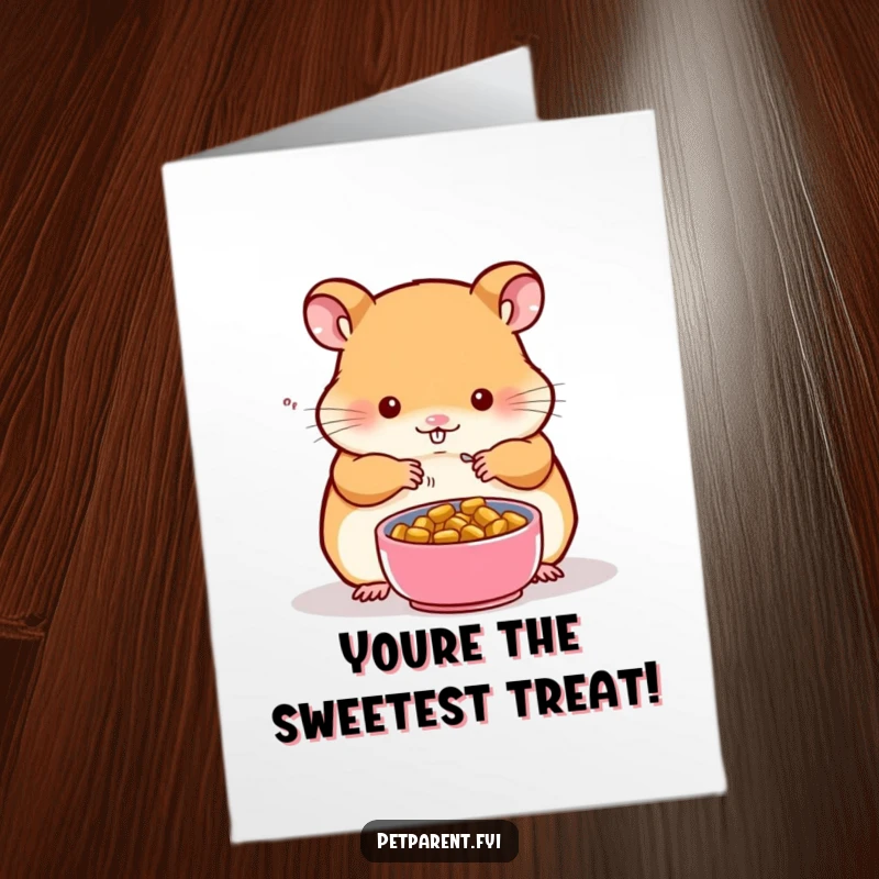 Funny Free Printable Hamster Birthday Card showing a hamster preparing a tiny food bowl for a companion, great for foodie birthdays.