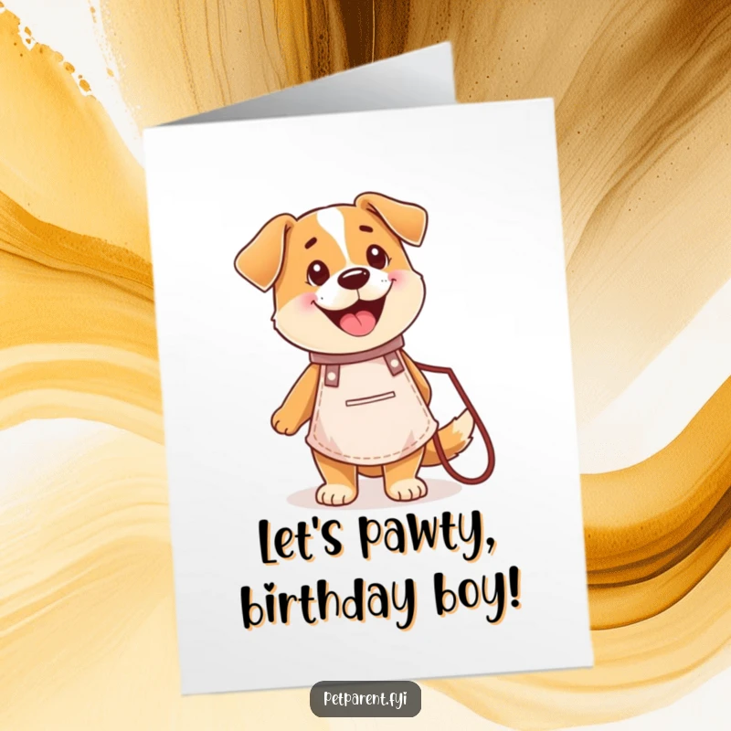 Funny Free Printable birthday card with a happy dog in a tiny apron, holding a leash, ready to celebrate with gusto.