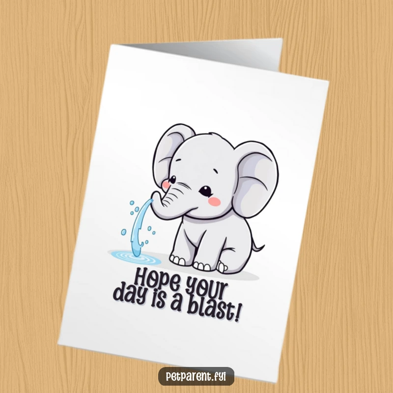 Funny Free Printable Kawaii Elephant Birthday Card: Cute elephant playfully showers a friend with water.