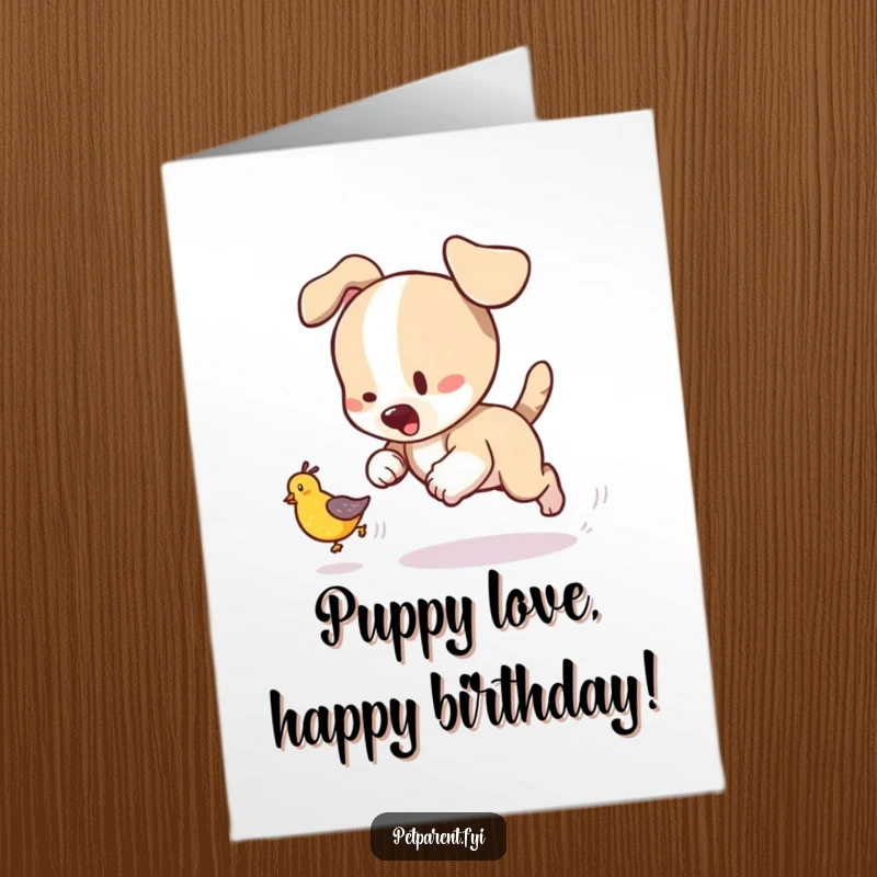 Funny free printable birthday card of a happy puppy hilariously chasing a tumbling baby bird, capturing pure, chaotic joy.