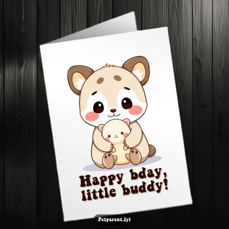 Funny free printable birthday card, cute animal cuddling tiny creature, downloadable art