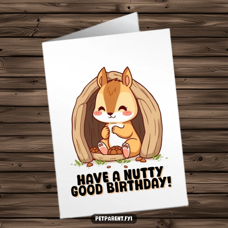 Funny Free Printable Birthday Card: Dedicated squirrel character busy building a tiny, cozy den, symbolizing effort.