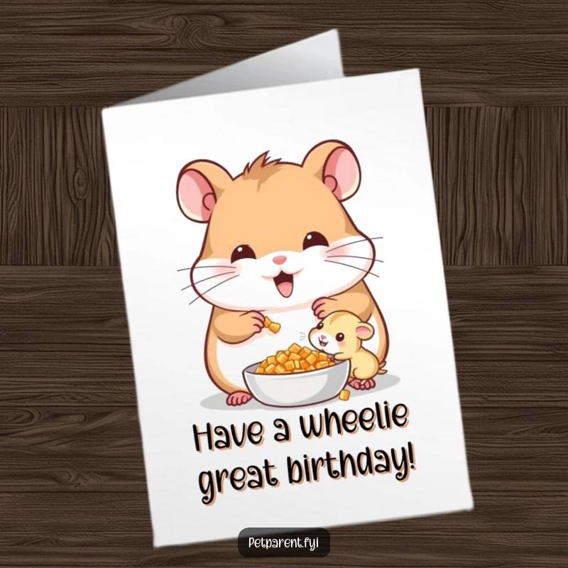 Funny Free Printable Birthday Card with a cheerful hamster character sharing food with a tiny, adorable offspring, a sweet moment.