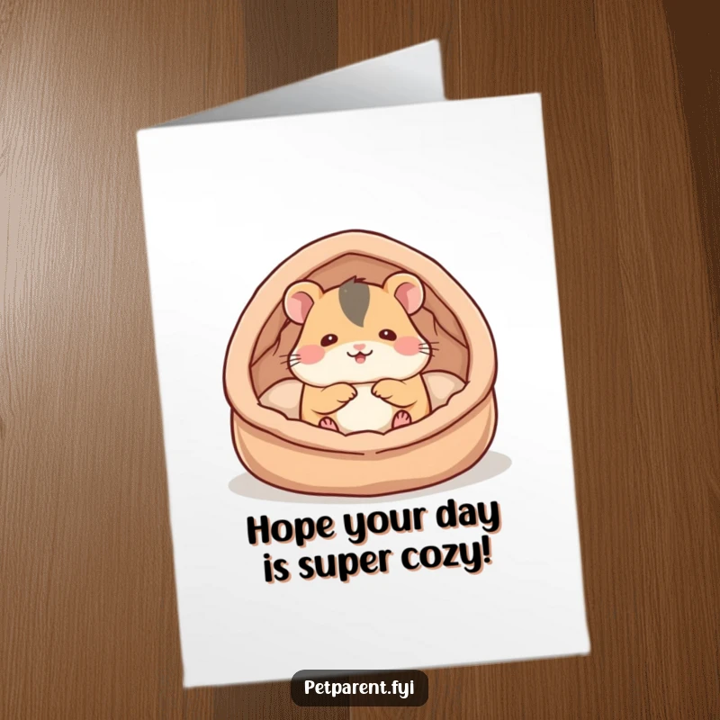 Funny Free Printable Hamster Birthday Card, a hamster happily builds a soft bed, wishing a cozy birthday.