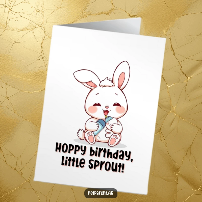 Funny Free Printable Bunny Card: Smiling bunny feeds bottle to baby, perfect for new parent birthday.