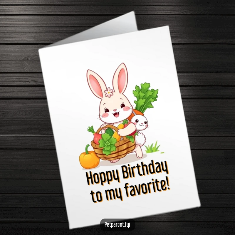 Funny Free Printable Birthday Card: A joyous bunny with a giant basket of veggies, ready for a festive celebration.