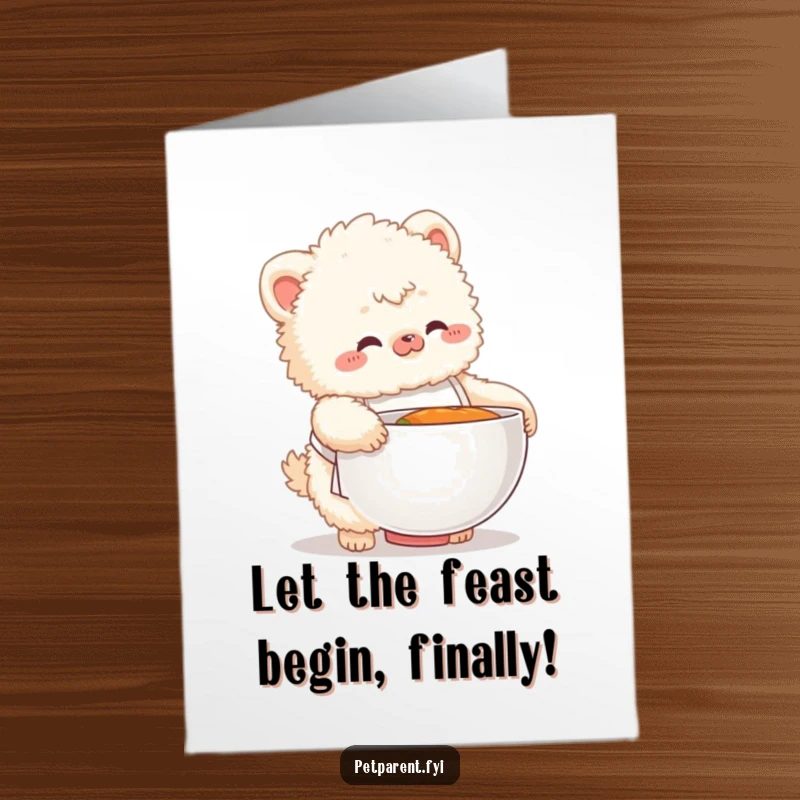 Funny Free Printable Birthday Card: Fluffy creature in a small apron hilariously struggling with a giant food bowl.