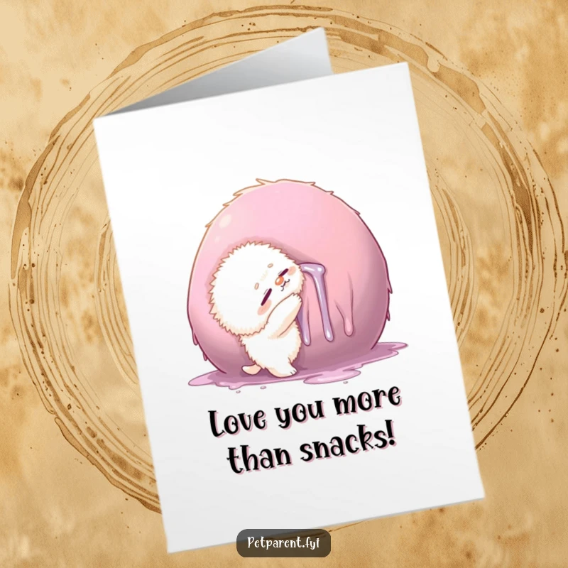 Funny Free Printable Birthday Card: Small fluffy creature hugging a giant, drool-covered object with glee.
