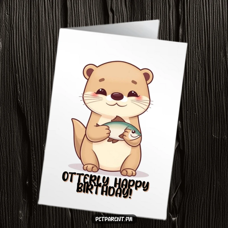 Funny Free Printable Birthday Card: Caring otter character happily holding a very small fish, a cute and funny catch.