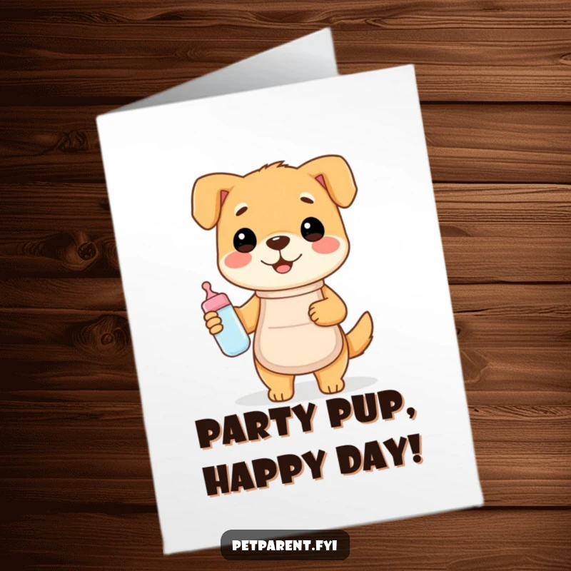 Funny Free Printable Dog Chef Birthday Card: A happy dog in an apron holds a baby bottle, celebrating a domestic birthday.