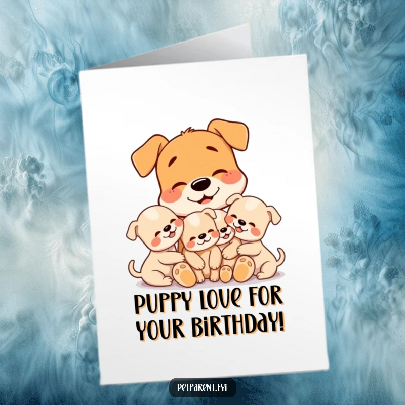 Funny Free Printable Dog Birthday Card featuring a smiling dog cuddling three tiny puppies, perfect for dog lovers.