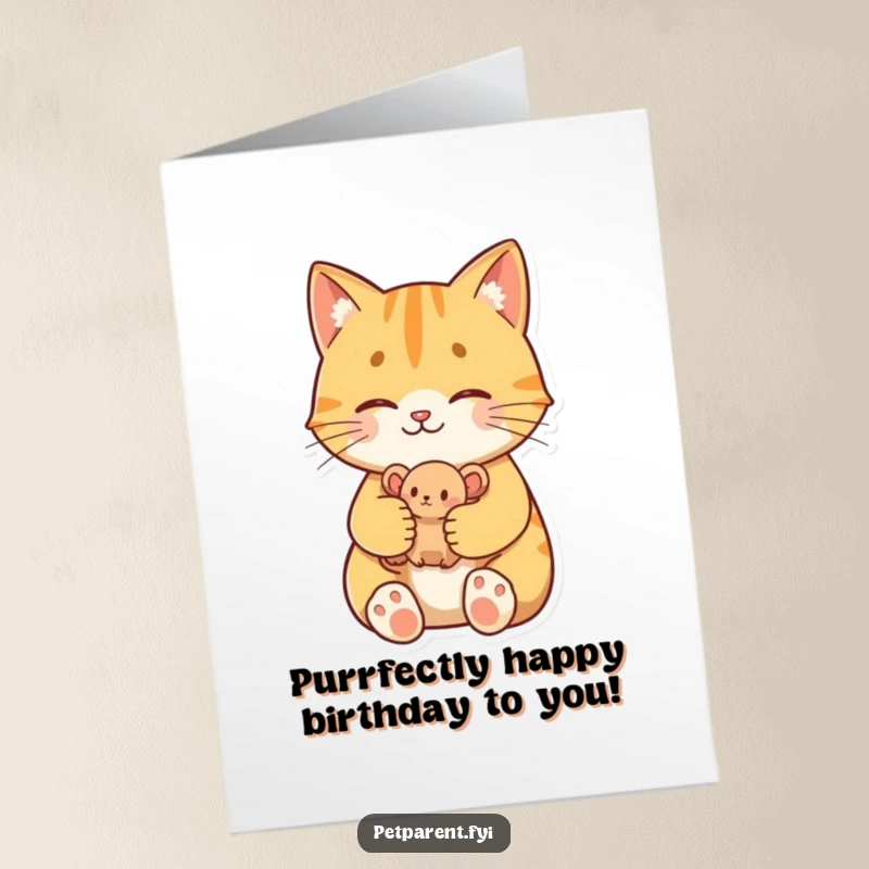 Funny Free Printable Birthday Card showing a proud cat character cradling a small toy mouse, a hunter's triumph.