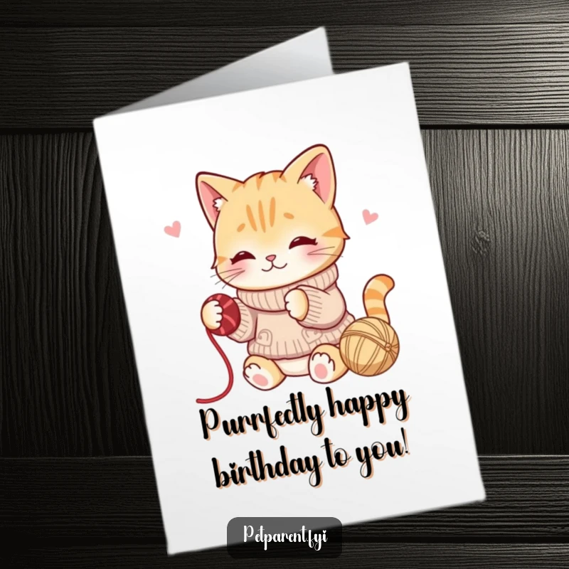 Funny Free Printable birthday card with a cat in a sweater batting yarn, capturing playful birthday energy and humor.