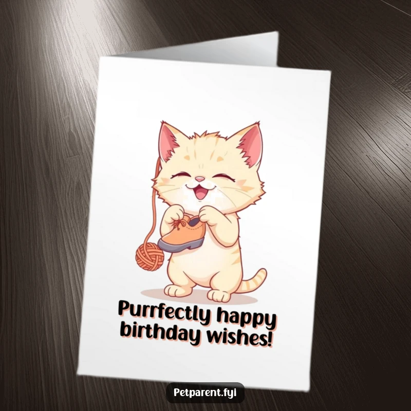 Funny Free Printable birthday card with a cute kitten gleefully batting at a dangling yarn ball shaped like a tiny shoe.