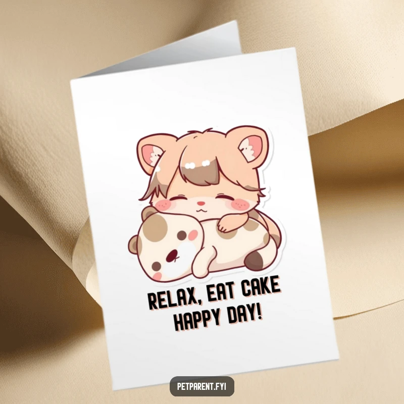 Funny Free Printable Birthday Card of a contented animal character resting peacefully with a beloved pet, radiating calm.