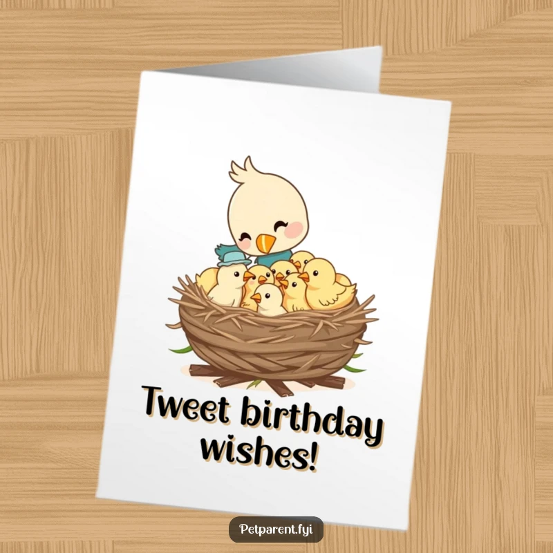 Funny Free Printable Bird Birthday Card showing a bird feeding hungry chicks in a nest, perfect for nature lovers' birthdays.