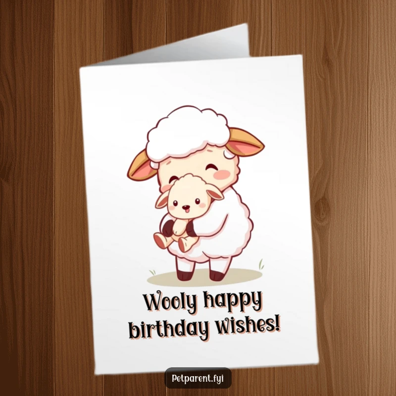 Funny Free Printable Birthday Card: Loving sheep carrying a tiny puppy, symbolizing cute and humorous celebration.