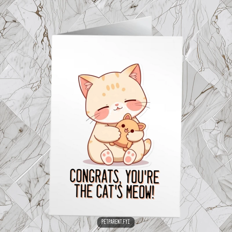 Funny Free Printable Congratulations Card: Contented cat embraces its stuffed toy, radiating warmth and peaceful happiness.