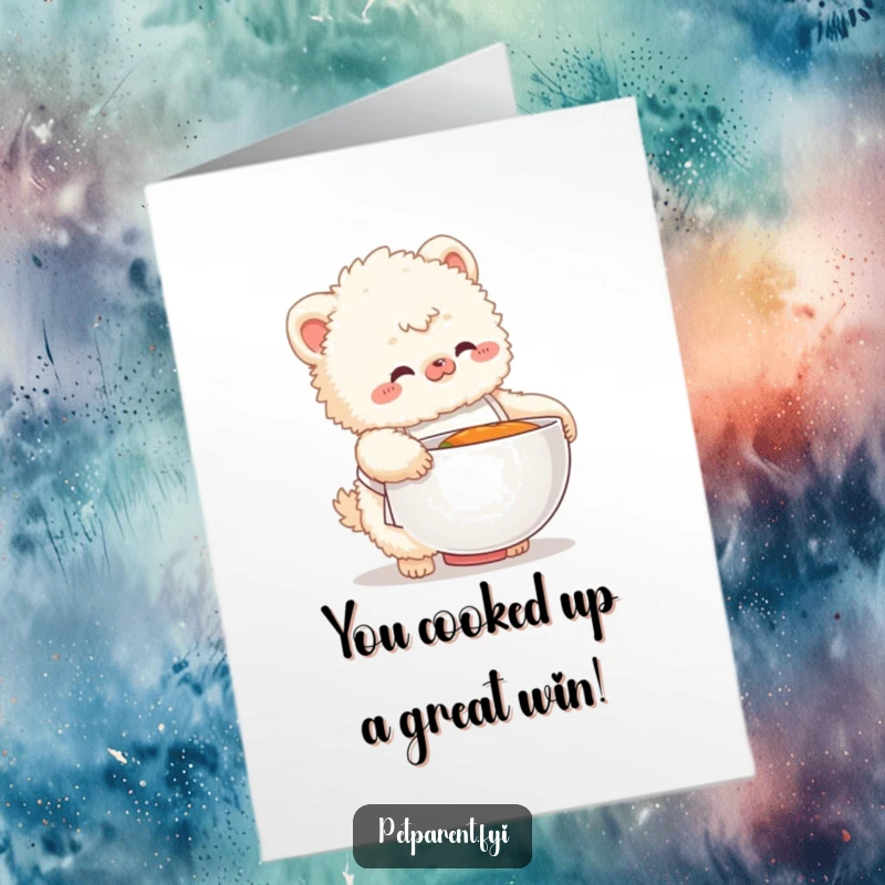 Funny Free Printable Congrats Card: Fluffy creature in a tiny apron looking confused by a massive food bowl.
