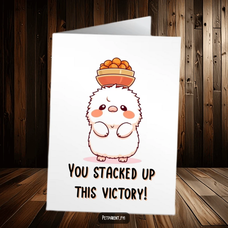 Funny Free Printable Congrats Card: Fluffy creature expertly balancing a stack of food bowls on its head.