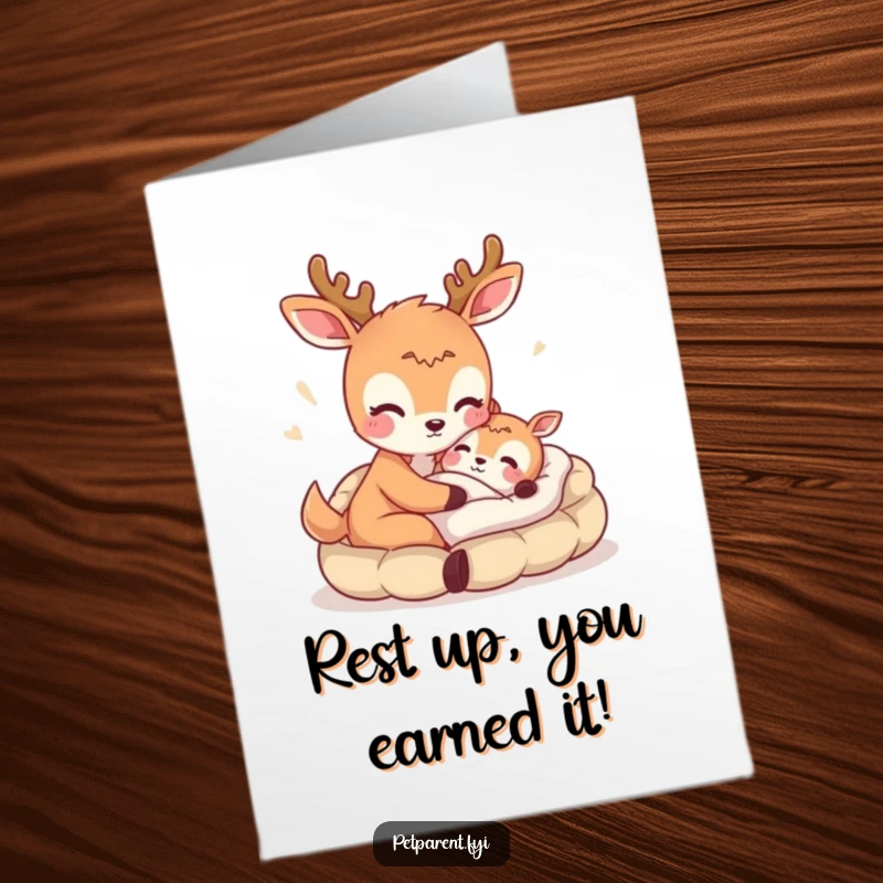 Funny Free Printable Congratulations card with a kind deer offering a cozy bed, symbolizing support.