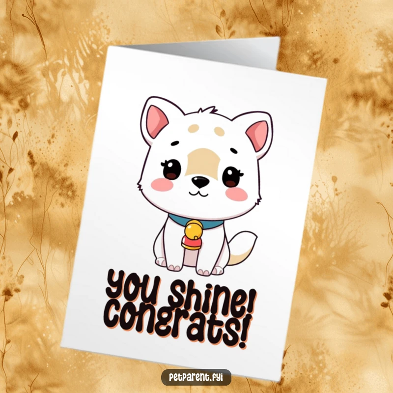 Funny free printable congratulations card with an animal sporting a cute collar and a jingling bell, celebrating success.