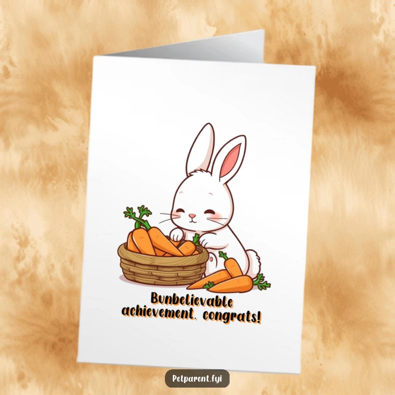 Funny Free Printable Congratulations Card with a patient rabbit gazing lovingly at a basket full of carrots, symbolizing abundance.