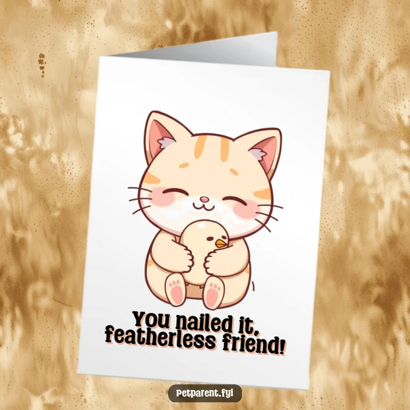 Funny Free Printable Congratulations Card showing a tender moment between a smiling cat and a sleeping bird, conveying sweet success.