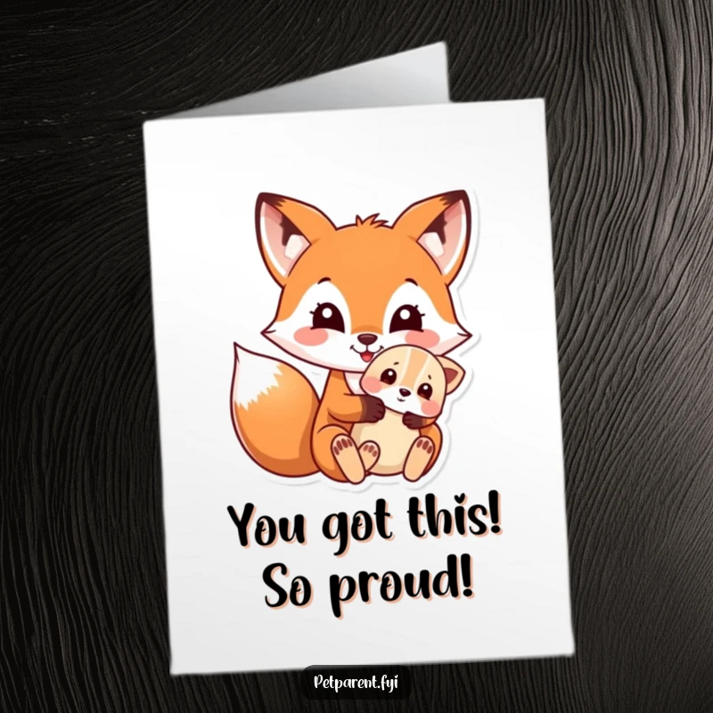 Funny Free Printable Congratulations Card: A fox lovingly holding a puppy, celebrating your amazing achievement. A sweet DIY gift.
