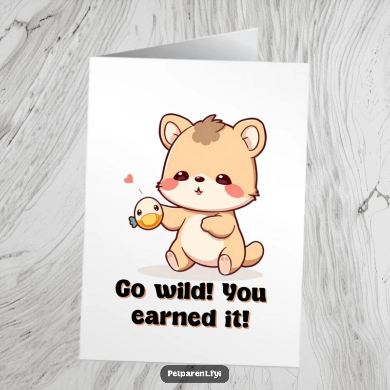 Funny Free Printable congratulations card with a cute animal playfully tossing a tiny squeaky toy, celebrating a win.