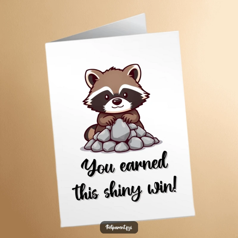 Funny Free Printable Raccoon Congratulations Card, a raccoon protects shiny treasures, celebrating an awesome achievement.