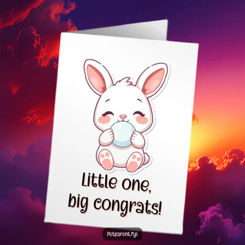 Funny Free Printable Congratulations Card with a joyful rabbit holding a pacifier, celebrating a new baby or big achievement.