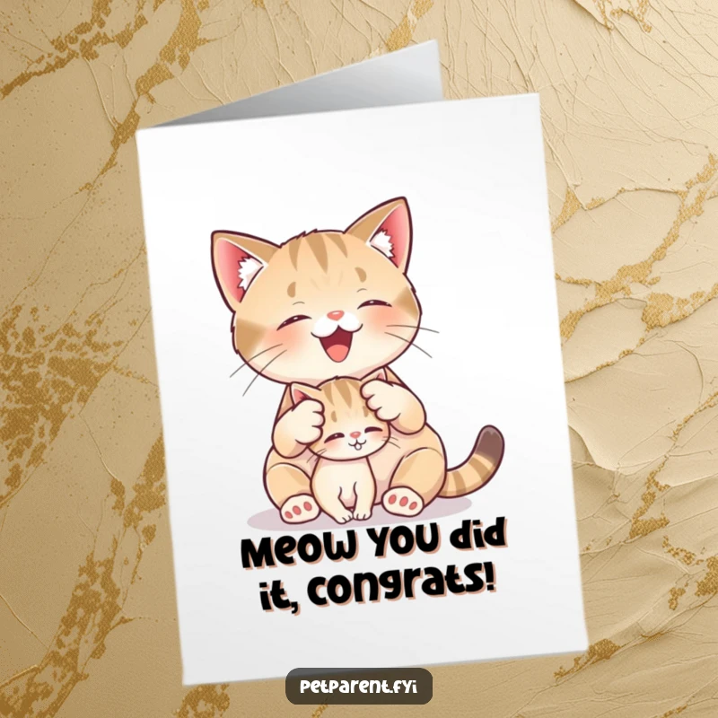 Funny Free Printable Cat Congratulations Card with a cat grooming a small kitten, ideal for celebrating a new pet.