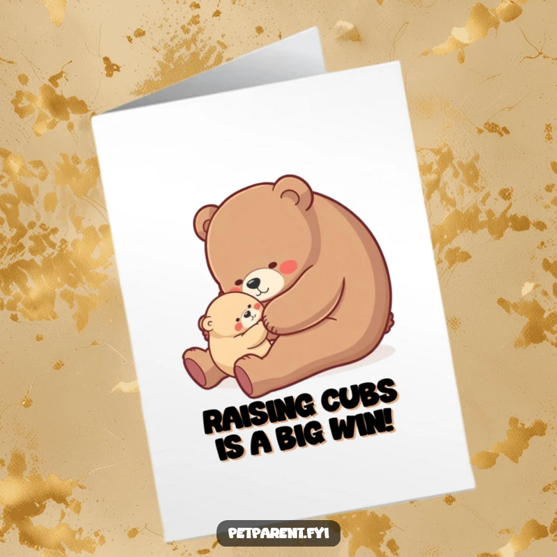 Funny Free Printable Bear Card: Nurturing bear rocking cub, perfect congratulations for new family.