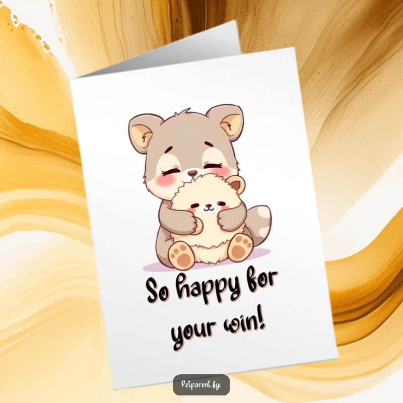 Funny Free Printable congratulations card with an animal character cuddling a fluffy stuffed animal with deep affection.