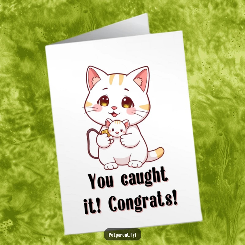 Funny free printable congratulations card with a proud cat presenting a tiny toy mouse, a humorous trophy of victory.