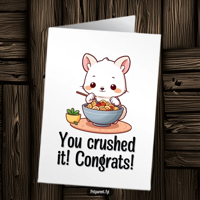 Funny free printable congratulations card featuring an animal chef proudly presenting a delicious, perfectly prepared dish.